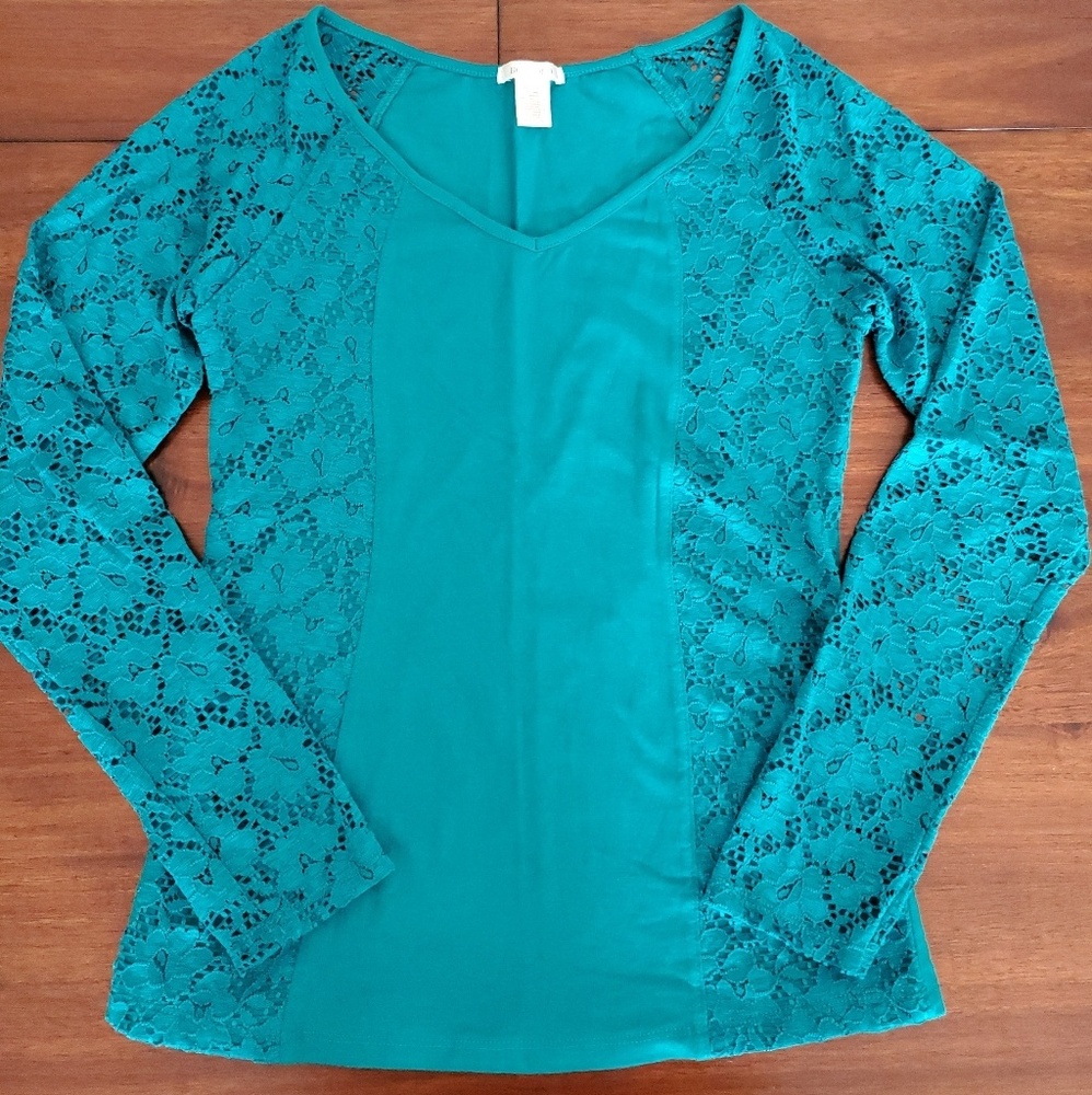 Bozzolo Teal shirt with floral lace sleeves